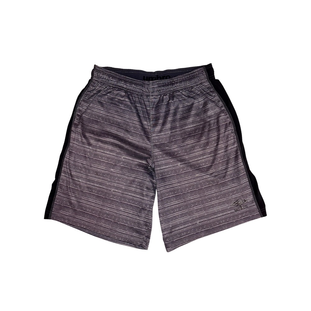 UMBRO Athletic Training Shorts Mens Medium Gray Black Striped Soccer Gym Gymwear